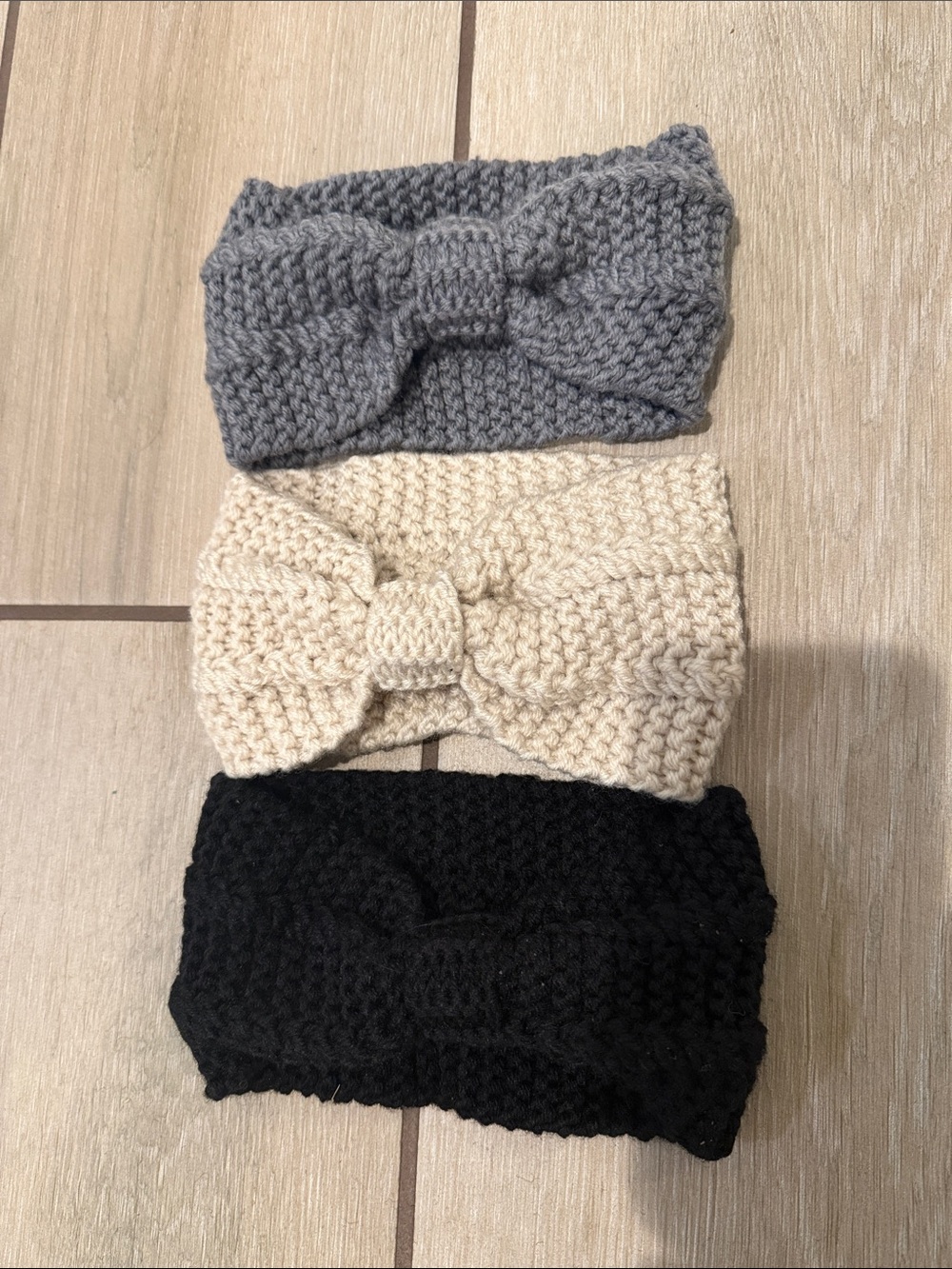Knit Bow Ear Warmers – Black, Cream & Gray